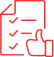 Validation de liste de contrôle : icône avec pouce levé Icône rouge d'une liste de contrôle avec des coches validées et une main faisant un pouce levé, symbole de validation.